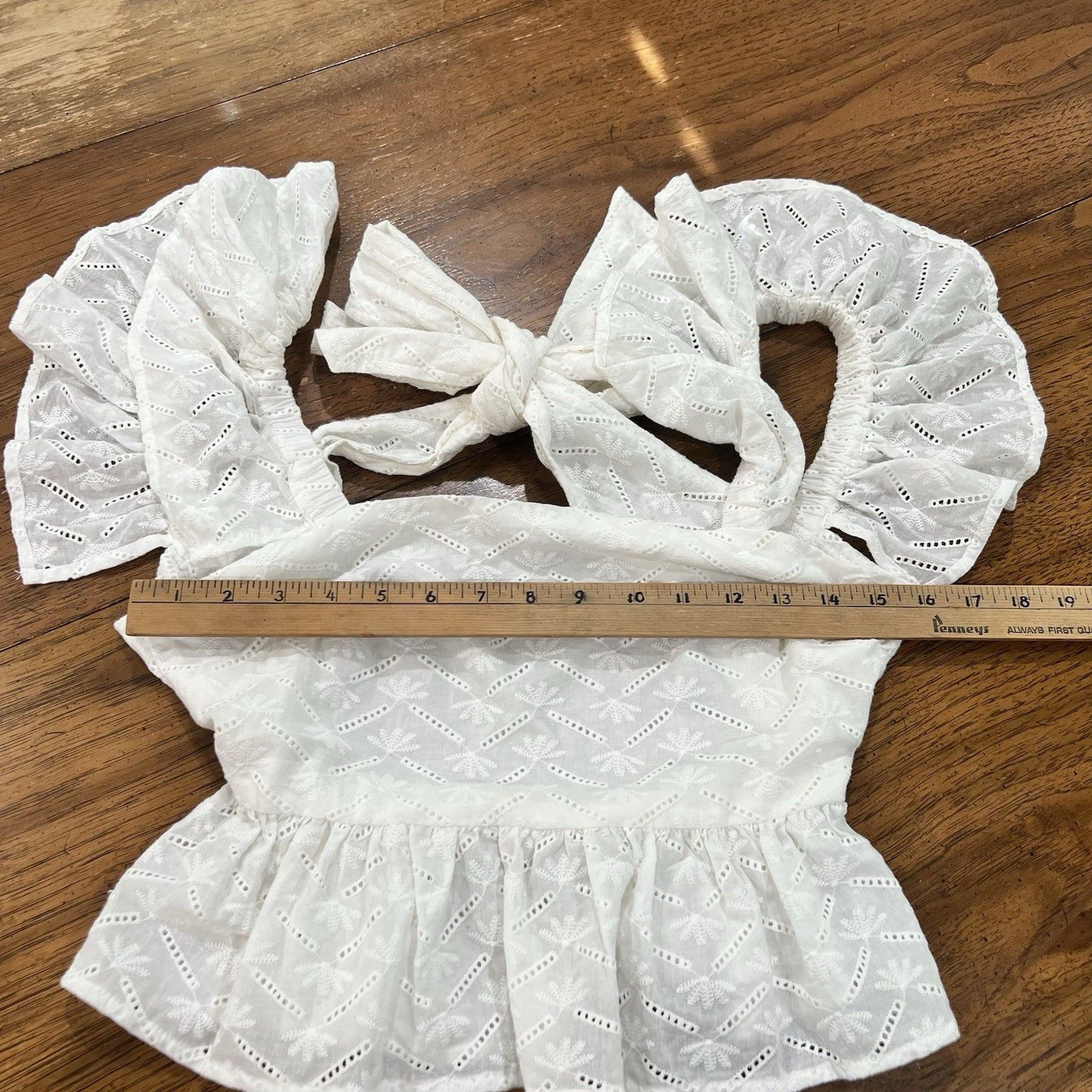 Blue Rain White Eyelet Peplum Top Xs Tie Back Ruffle Flutter Sleeve Cottagecore — image 5 of 6